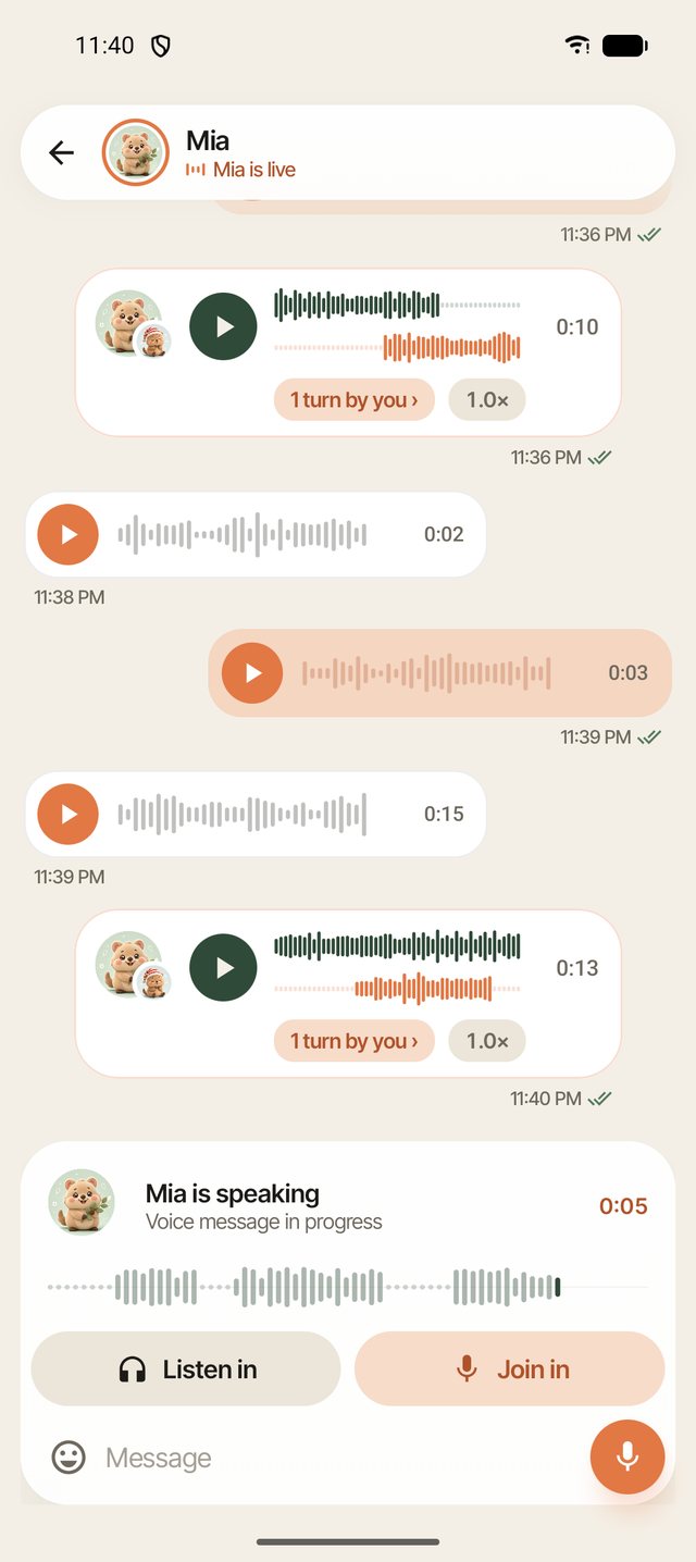 Chat with Mia: Mia is talking right now, with the buttons Listen in and Join in below