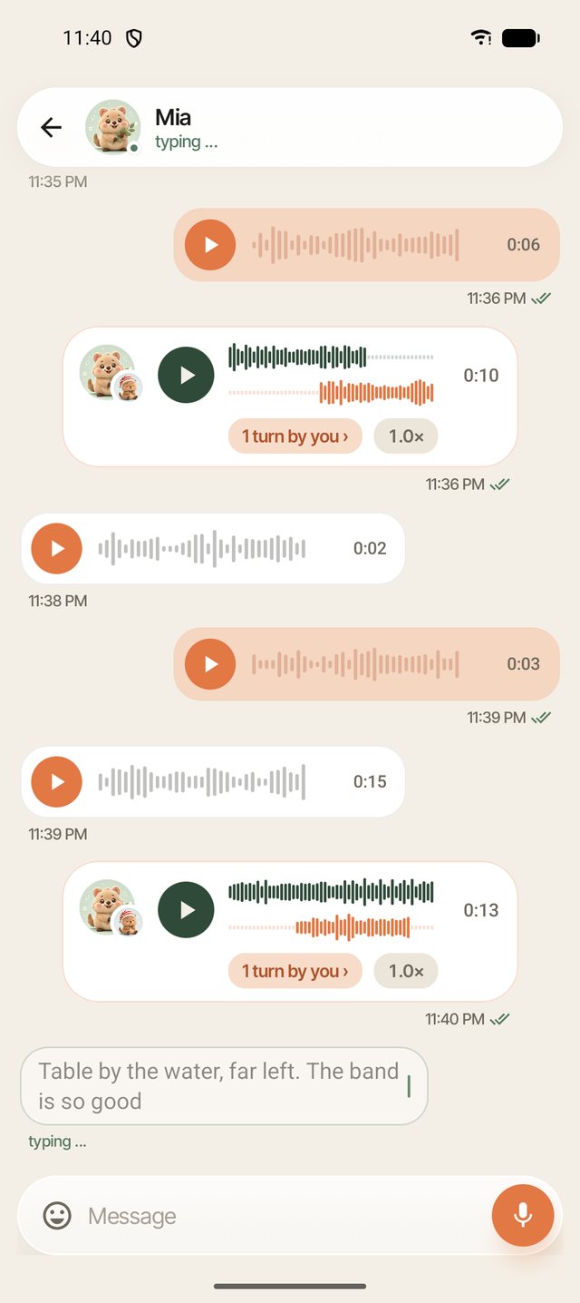 Mia is typing, and the text already shows up in the chat