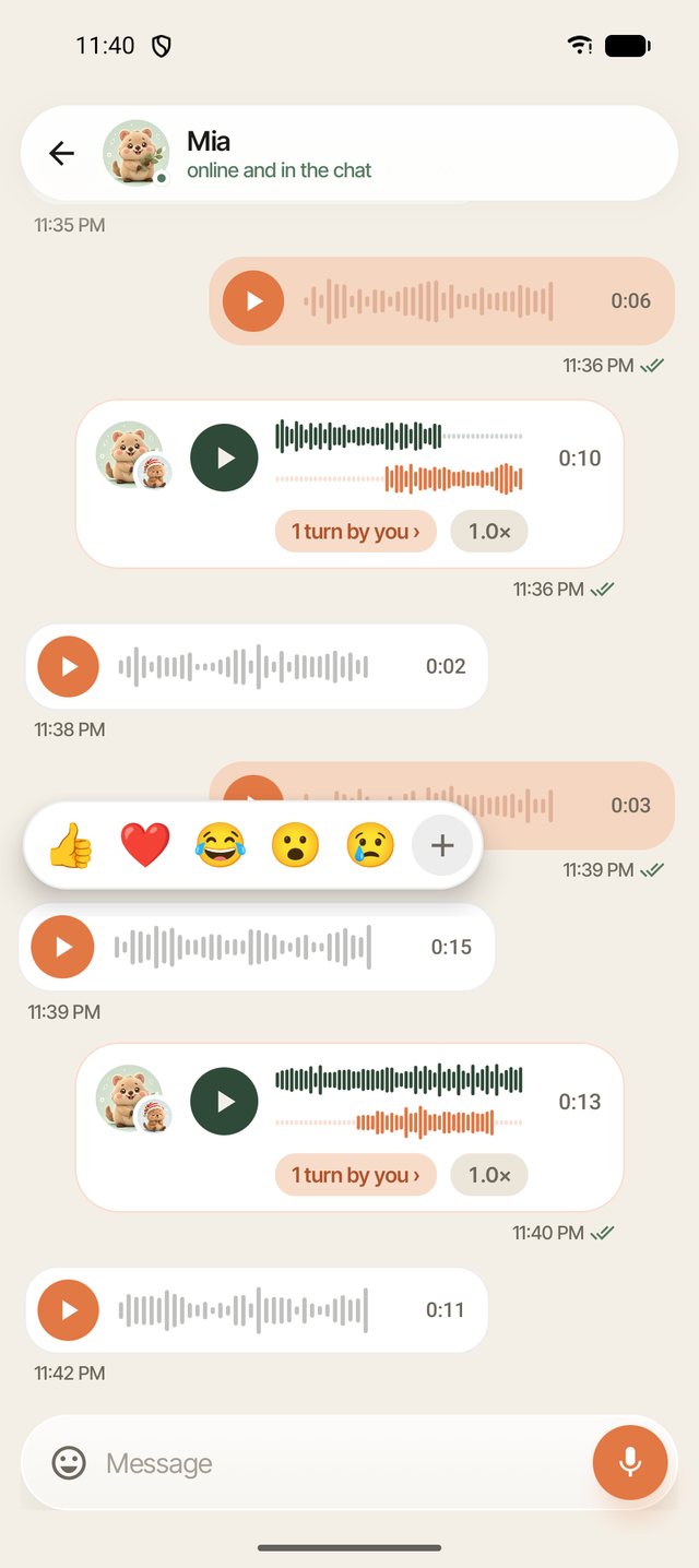 Conversation card with two voice tracks and the emoji picker