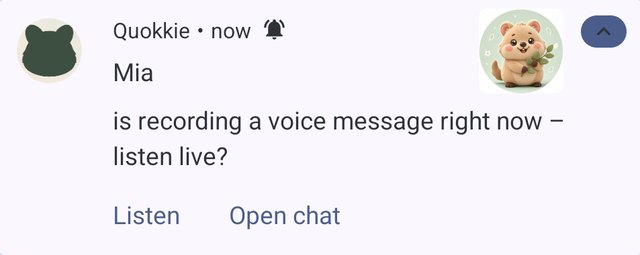 Notification: Mia is recording a voice message right now – listen live?